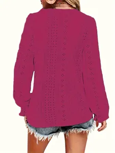 Detailed back view of magenta hollow-out eyelet V-neck shirt featuring pleated long sleeves