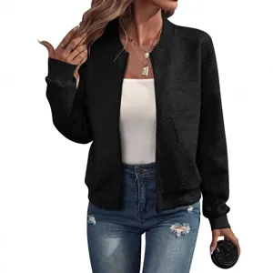 2024 Autumn Winter women's solid black zip-up bomber jacket with textured pattern
