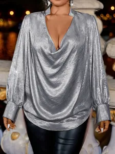Silver shiny satin blouse with deep V-neck and elegant draped cowl neckline detail