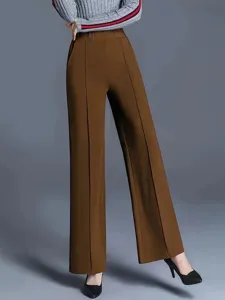 Elegant women's high-waisted wide-leg casual trousers in coffee brown solid color
