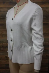 Detailed macro view of white V-neck knitted cardigan featuring cute heart buttons