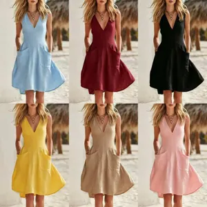 Sleeveless V-neck cotton linen casual dress with large pockets available in six colors