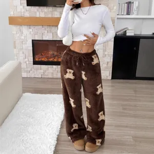 Soft women's dark brown fleece trousers with adorable bear pattern print for winter
