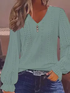 Casual sage green long sleeve V-neck eyelet blouse for women with ruffled sleeve cuffs