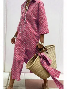 Stylish women's geometric print shirt dress with collar and long sleeves for summer