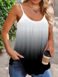 Casual women's summer pleated spaghetti strap tank top featuring a black and white gradient