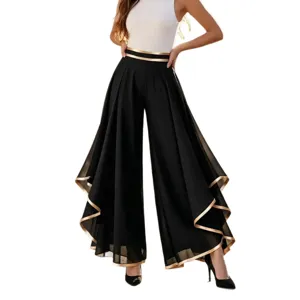 Elegant black high-waisted chiffon wide-leg pants with decorative gold trim piping