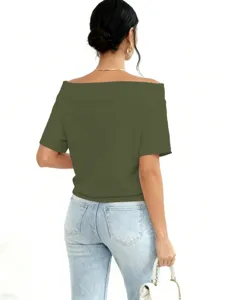 Back view of a woman wearing a stylish olive green off-the-shoulder casual sweatshirt