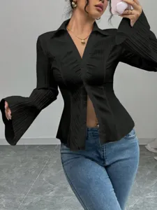 Women Elegant V-Neck Single-Breasted Flared Sleeve Pleated Texture Blouse Long Sleeve Solid Color Polyester Shirt Top