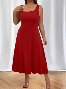 Elegant red sleeveless midi dress featuring a deep U-neck and graceful A-line silhouette