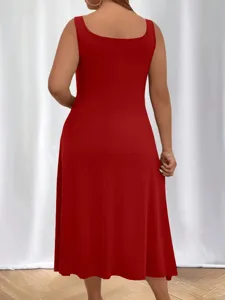 Rear view of a stylish red sleeveless U-neck plus size maxi dress worn by a model