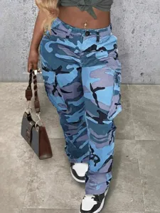 Trendy blue camouflage print cargo pants for women with multi-pocket street style design