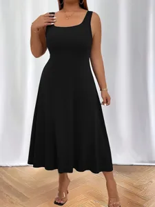 Women Plus Size Sleeveless U Neck Solid Color Sexy Casual A-Line Maxi Dress Summer Patchwork Backless Comfortable Dress