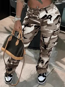 Trendy street style women's camo print cargo pants with multi-pockets and relaxed fit