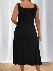 Back view of a minimalist black sleeveless U-neck plus size maxi dress for women