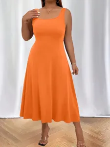 Detailed view of a sleeveless orange summer midi dress with a flattering U-neckline