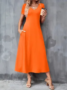 Vibrant orange V-neck short sleeve maxi dress with pockets for summer casual wear.