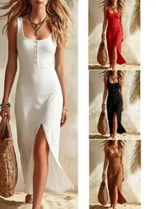 Women's Sleeveless Solid Color High Slit Slim Fit Square Neck Maxi Dress Decorative Buttons Elegant Vacation Style Dress