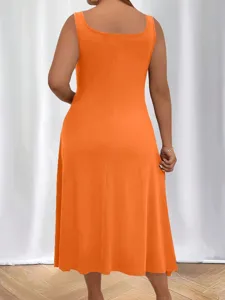 Elegant back view of a plus size summer sleeveless solid orange U-neck dress for women