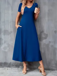 Elegant blue short sleeve V-neck maxi dress with side pockets for casual summer wear.