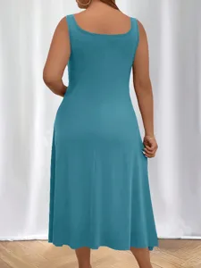 Elegant back view of the sleeveless teal midi dress featuring a classic U-neck design.