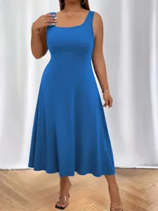 Close-up detail of a bright blue sleeveless U-neck midi dress for casual summer wear