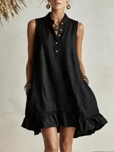 Casual sleeveless linen dress with ruffled hem and buttons for women's summer fashion