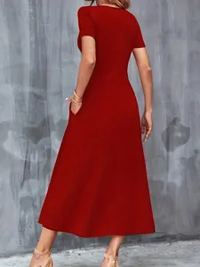 Elegant back view of casual red solid color short sleeve dress with functional side pockets