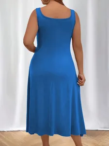 Back view detail of a plus size sleeveless blue U-neck dress with a relaxed fit