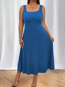 Elegant royal blue sleeveless U-neck plus size summer midi dress with casual fit