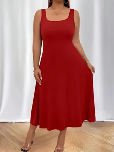 Plus size red sleeveless U-neck midi dress for elegant and sexy summer casual style