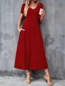Elegant casual V-neck short sleeve solid red maxi dress with pockets for summer wear