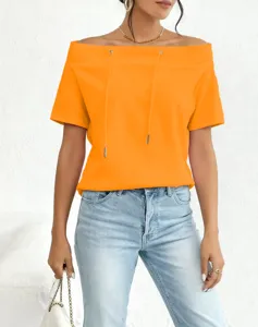 Detailed view of women's vibrant orange off-the-shoulder casual top with drawstring