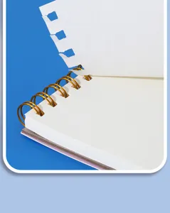 Close-up of gold spiral binding and perforated tearable page of a white sketchbook.