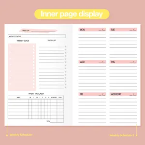 Dettaglio pagina interna planner settimanale A5 in inglese con habit tracker.