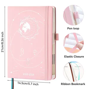 Agenda escolar 2025-2026 rosa con portabolígrafos, banda elástica y de 21 x 14,5 cm