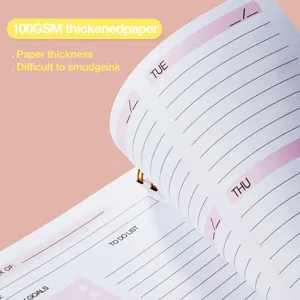 Dettaglio ravvicinato della carta spessa 100GSM di un’agenda settimanale a spirale A5