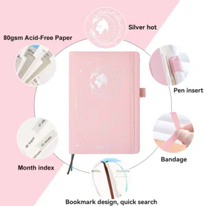 Detalles del planificador rosa 2025-2026 con papel de 80g y estampado en plata