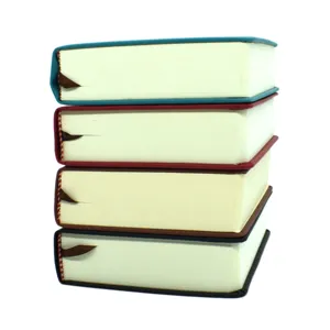 Side view of four thick stacked sketchbooks in teal, red, tan, and black
