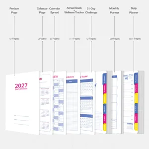 Agenda journalier 2027 professionnel avec sections calendrier mensuel et hebdomadaire