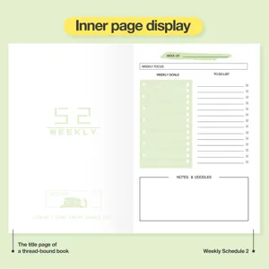 Agenda settimanale A5 con layout interno per 52 settimane di pianificazione