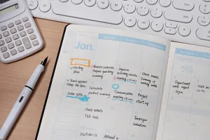 Primo piano di una pagina di agenda mensile 2026 con note e accessori da scrivania.