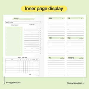Pagina interna del planner settimanale A5 con tracker di abitudini e orari giornalieri