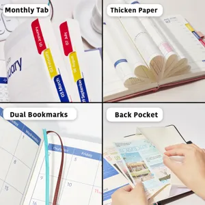 Détails du planificateur A5 2027 avec onglets, papier épais et rubans marque-pages