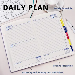 Vue détaillée de l'agenda journalier A5 2027 avec planning horaire et onglets d'indexation.