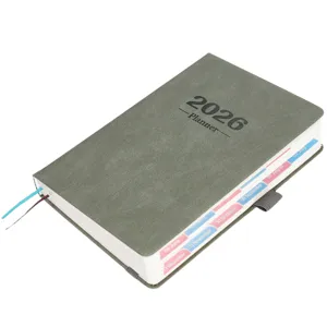 Agenda 2026 con copertina in finta pelle grigia e schede mensili