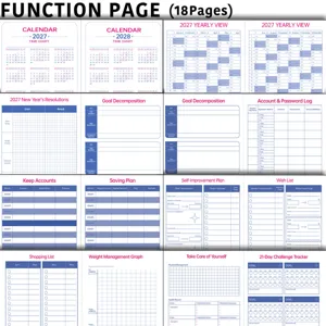 Pages fonctionnelles détaillées de l'agenda A5 2027 avec calendrier et suivi d'objectifs