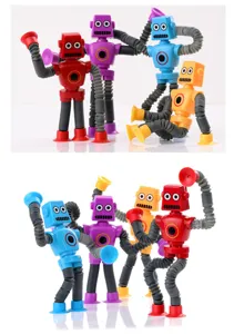 Detailansicht von vier bunten Teleskoprohr-Roboterspielzeugen mit Saugnapfhänden.