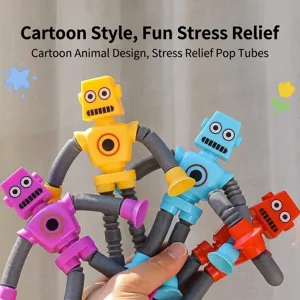 Set mit vier bunten Roboter Pop-Tubes Spielzeugen zum Stressabbau und sensorischen Spielen