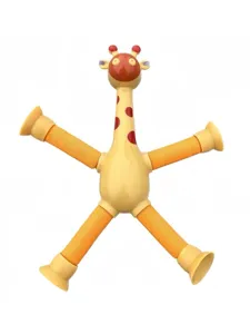 Detailansicht gelbe Giraffe Teleskop-Saugrohr-Spielzeug auf weißem Hintergrund